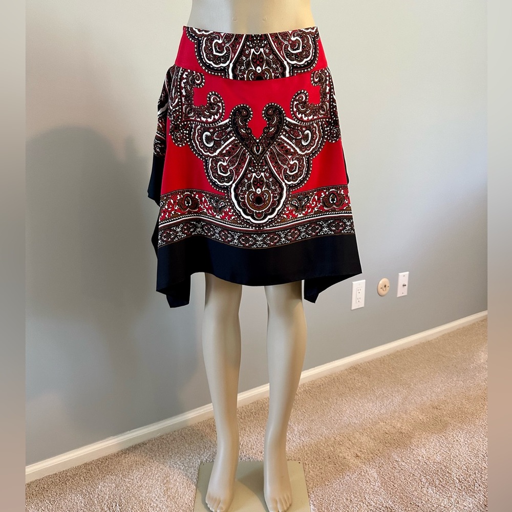 NWOT Michael Kors Silk Handkerchief Paisley Skirt Sz 8 Boho Red & Black Hi Low